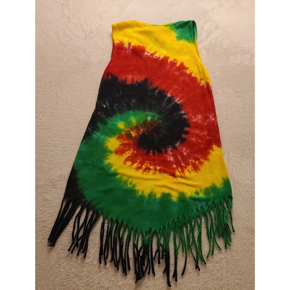 Jamaica Tie Dye Fringe Tank Top Rasta Rhinestone Sleeveless Women's Shirt Large - Picture 2 of 13